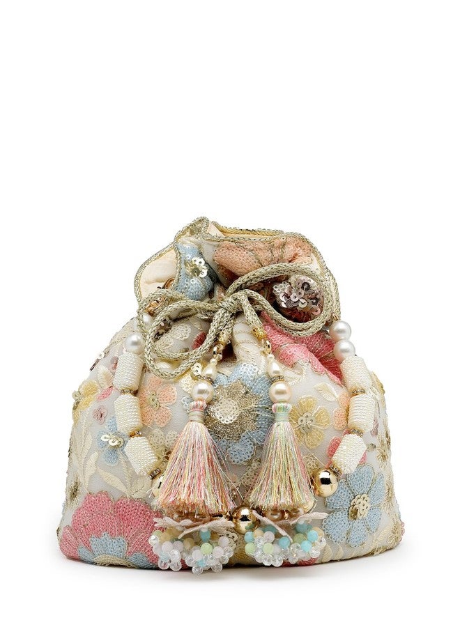 Anekaant Dangle Off White & Pastel Multi Floral Embellished Georgette Potli - Image 1