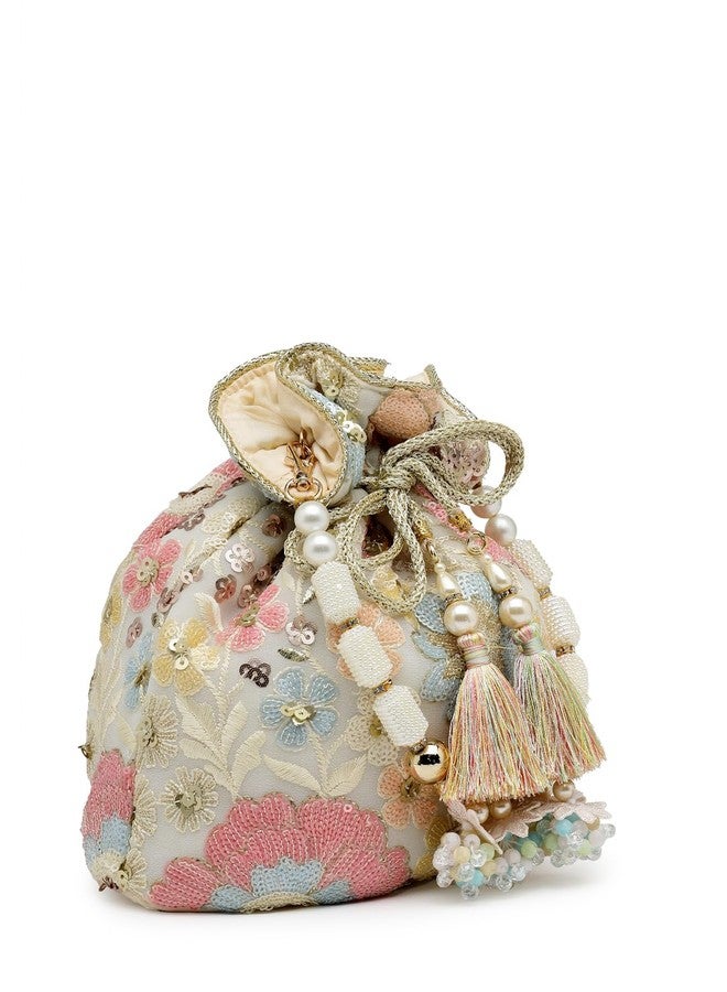 Anekaant Dangle Off White & Pastel Multi Floral Embellished Georgette Potli - Image 4