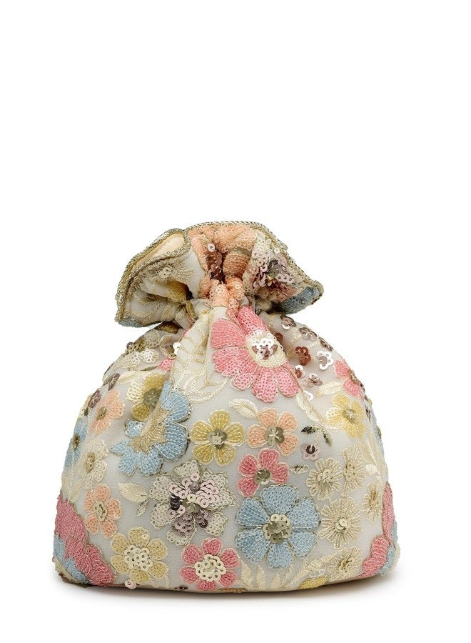Anekaant Dangle Off White & Pastel Multi Floral Embellished Georgette Potli - Image 5