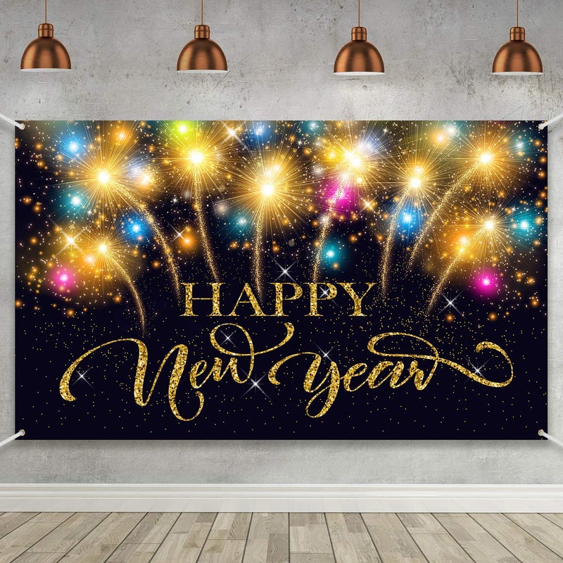 Blulu Happy New Year Party Decoration Supplies Happy New Year Eve Banner for 2026 Party Decoration Extra Large Fabric 2026 Fireworks Photo Booth Backdrop Background Banner 728 x 433 Inch - Image 2