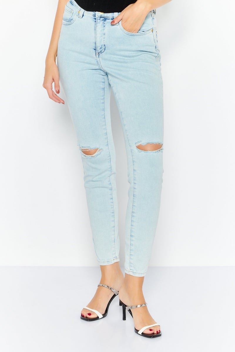 INC Denim Women Skinny Fit Rip Stretchable Denim Jeans, Wash Blue - Image 1