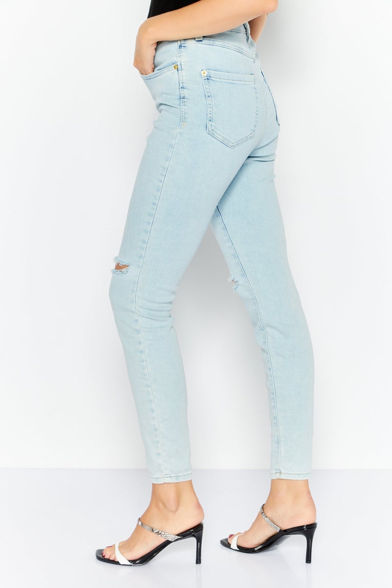 INC Denim Women Skinny Fit Rip Stretchable Denim Jeans, Wash Blue - Image 4