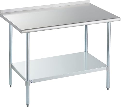 ROCKPOINT Stainless Steel Table for Prep  Work with Backsplash 30x48 Inches NSF Metal Commercial Kitchen Heavy Duty Table with Adjustable Under Shelf and Table Foot for Restaurant Home and Hotel