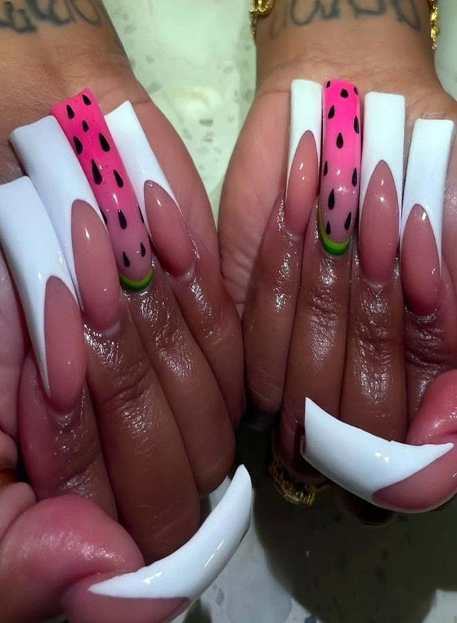 ASABITE 20Pcs White French Tip Press on Nails Long Curved Fake Nails with Glue Summer Fruit False Nails with Watermelon Design Long Curved Nails Press ons Full Cover Reusable Stick on Nail for Women - Image 1