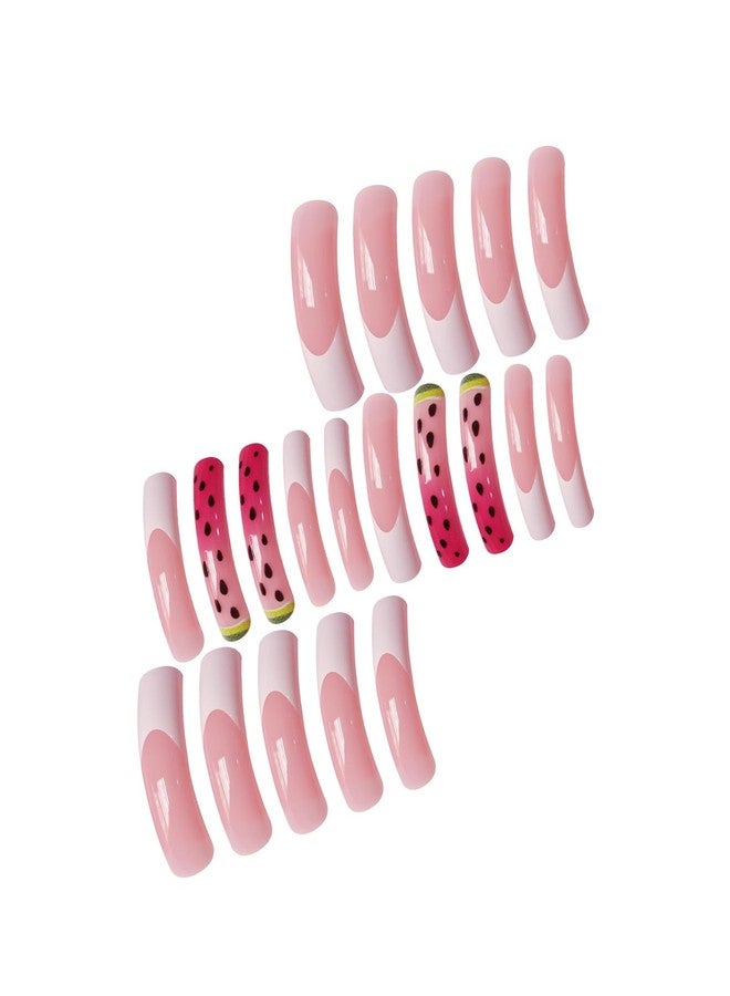 ASABITE 20Pcs White French Tip Press on Nails Long Curved Fake Nails with Glue Summer Fruit False Nails with Watermelon Design Long Curved Nails Press ons Full Cover Reusable Stick on Nail for Women - Image 2