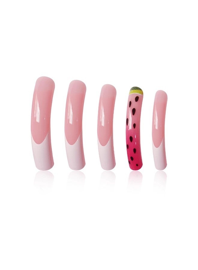 ASABITE 20Pcs White French Tip Press on Nails Long Curved Fake Nails with Glue Summer Fruit False Nails with Watermelon Design Long Curved Nails Press ons Full Cover Reusable Stick on Nail for Women - Image 4