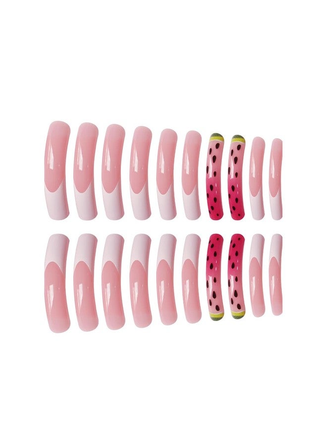 ASABITE 20Pcs White French Tip Press on Nails Long Curved Fake Nails with Glue Summer Fruit False Nails with Watermelon Design Long Curved Nails Press ons Full Cover Reusable Stick on Nail for Women - Image 3