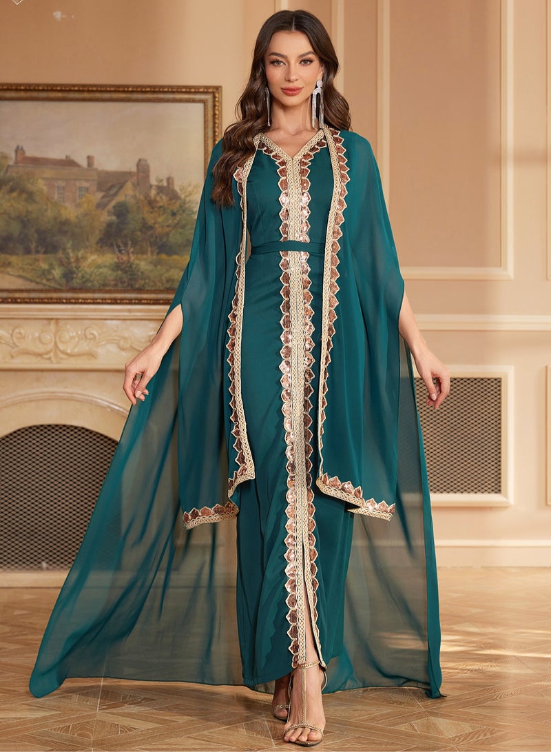 Madam Uniq Green Abaya Women’s Sequin Two-Piece Dress with Cape Robe - Image 1