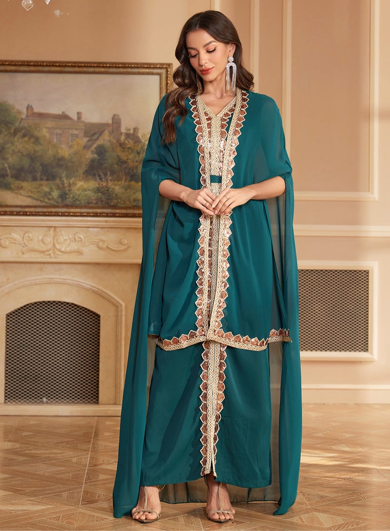 Madam Uniq Green Abaya Women’s Sequin Two-Piece Dress with Cape Robe - Image 3