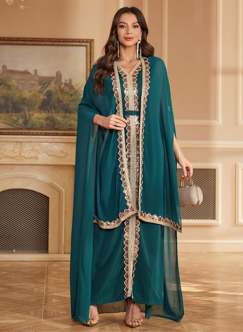 Madam Uniq Green Abaya Women’s Sequin Two-Piece Dress with Cape Robe - Image 4