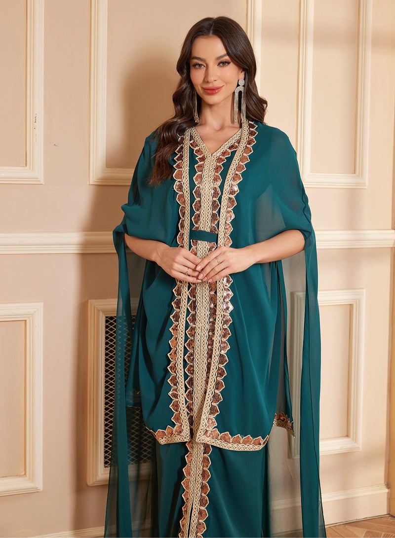 Madam Uniq Green Abaya Women’s Sequin Two-Piece Dress with Cape Robe - Image 5