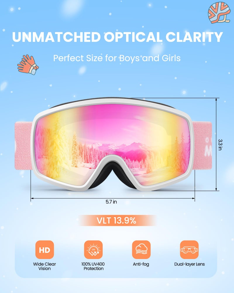 OutdoorMaster Kids Ski Goggles OTG Snowboard Goggles with 100% UV Protection Kids Snow Goggles for Boys Girls Toddler(WhiteFrame Vlt 13.9%+Revo Pink Lens) - Image 3