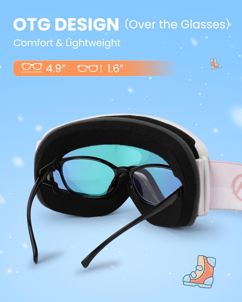 OutdoorMaster Kids Ski Goggles OTG Snowboard Goggles with 100% UV Protection Kids Snow Goggles for Boys Girls Toddler(WhiteFrame Vlt 13.9%+Revo Pink Lens) - Image 5