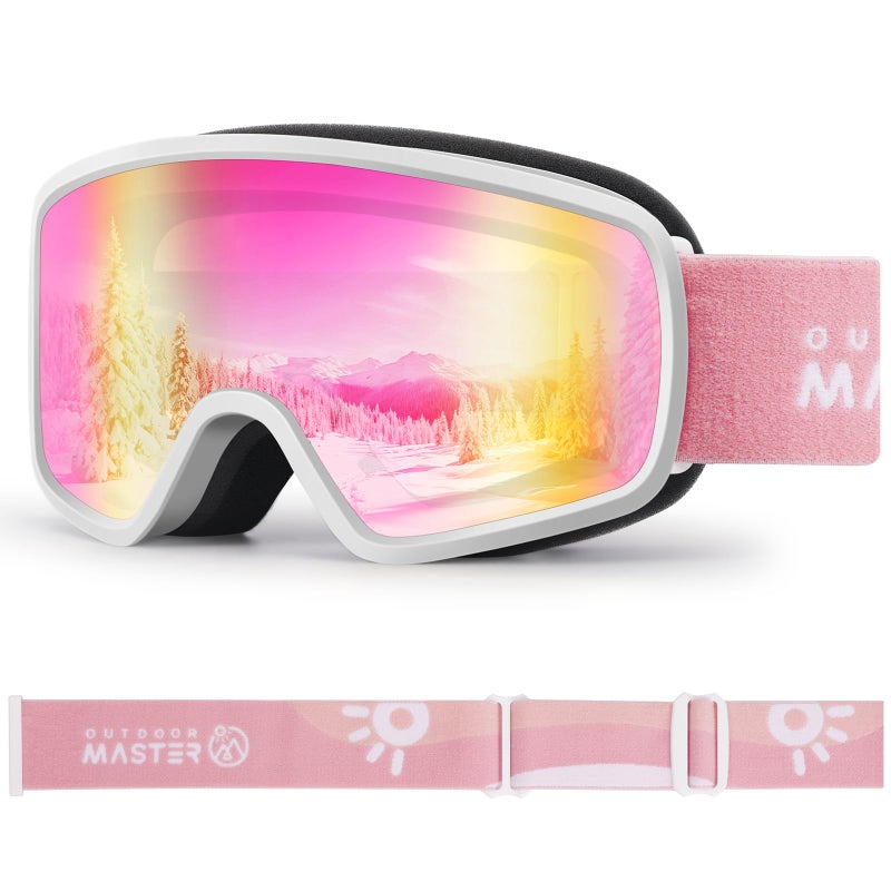 OutdoorMaster Kids Ski Goggles OTG Snowboard Goggles with 100% UV Protection Kids Snow Goggles for Boys Girls Toddler(WhiteFrame Vlt 13.9%+Revo Pink Lens) - Image 1
