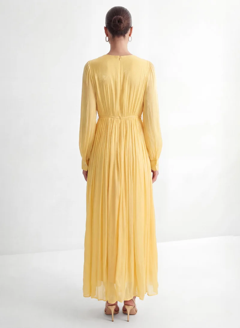 Sunfere  Exceptionally Pristine Yellow Beaded Embroidered V-Neck Maxi Dress for Women | Best Price UAE