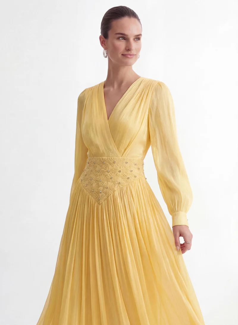 Sunfere  Exceptionally Pristine Yellow Beaded Embroidered V-Neck Maxi Dress for Women | Best Price UAE