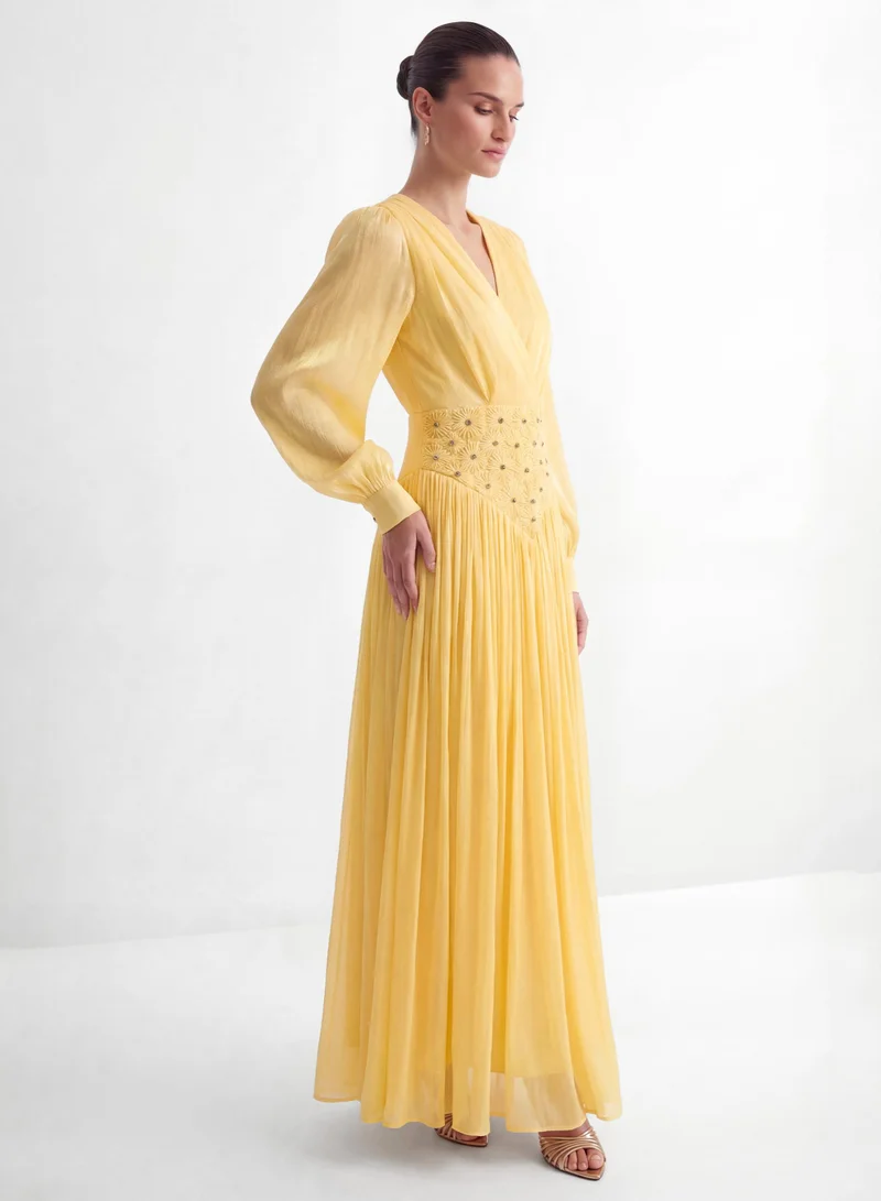Sunfere Exceptionally Pristine Yellow Beaded Embroidered V-Neck Maxi Dress