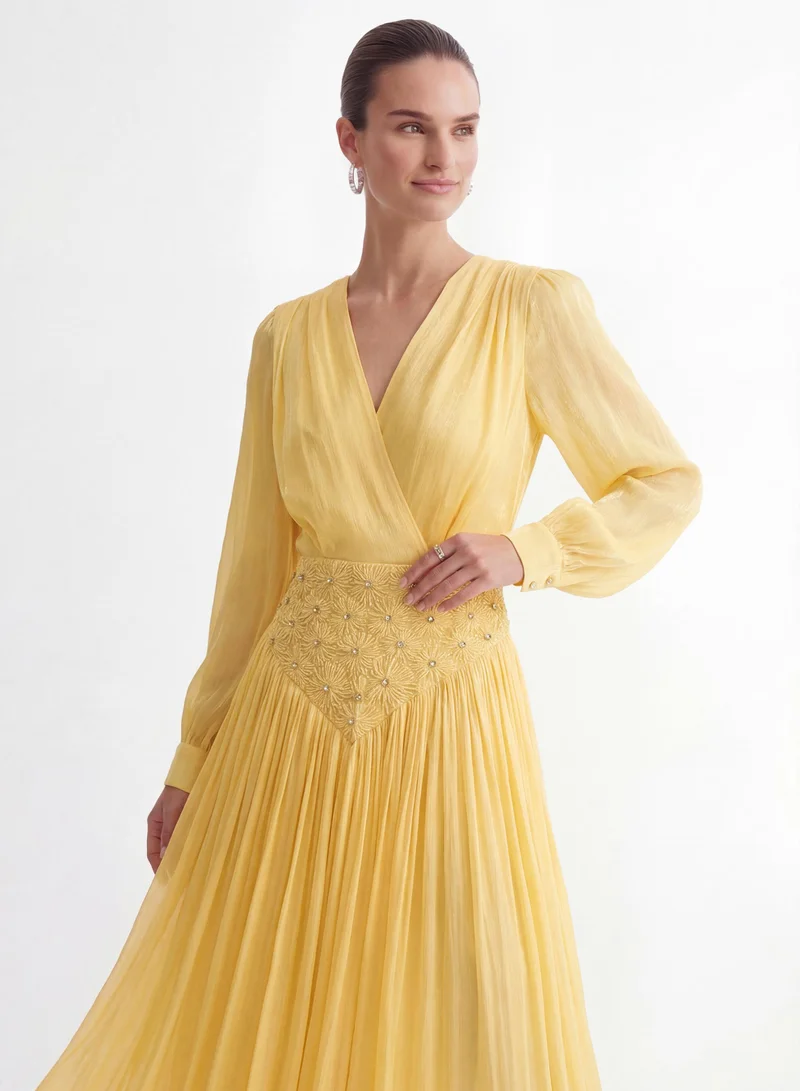 Sunfere  Exceptionally Pristine Yellow Beaded Embroidered V-Neck Maxi Dress for Women | Best Price UAE