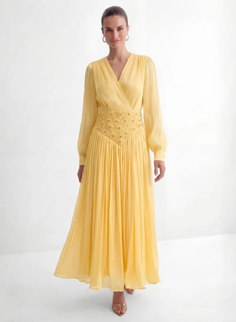 Sunfere Exceptionally Pristine Yellow Beaded Embroidered V-Neck Maxi Dress