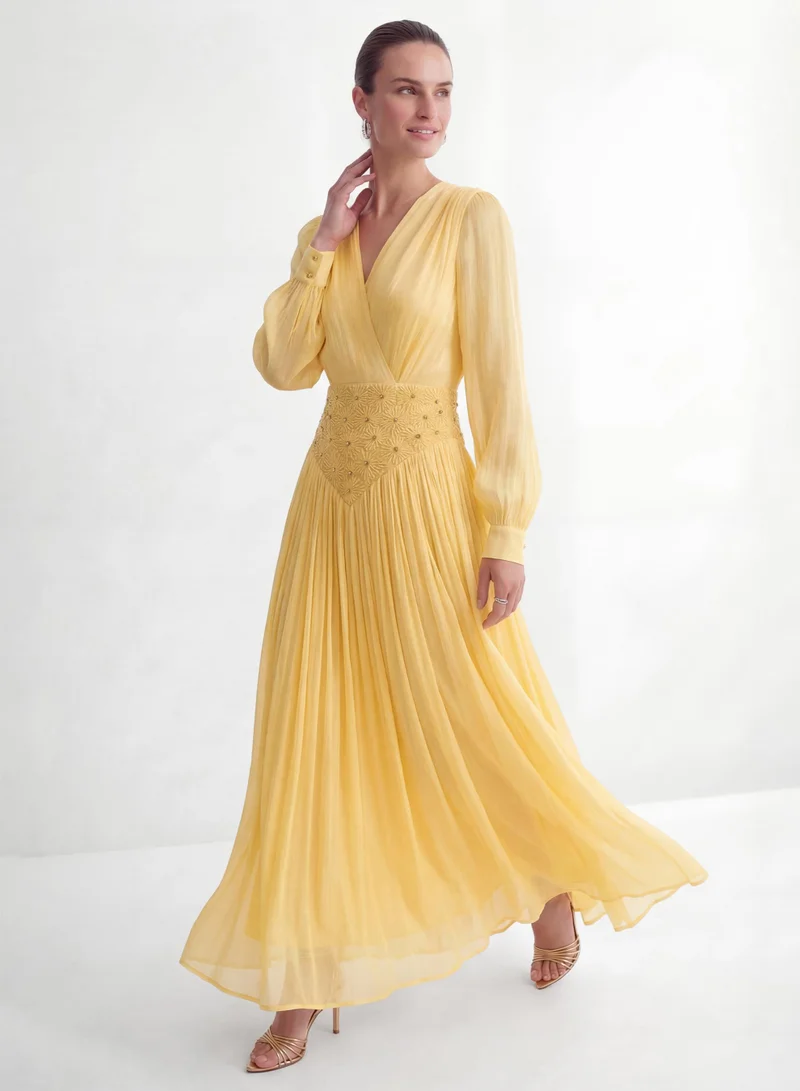 Sunfere  Exceptionally Pristine Yellow Beaded Embroidered V-Neck Maxi Dress for Women | Best Price UAE