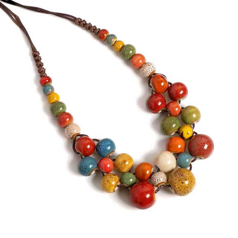 KURTCB Boho Hippie Ceramic Beaded Necklace for Women Statement Chunky Bohemian Fall Colorful Beads Strand Summer Necklace - Image 5