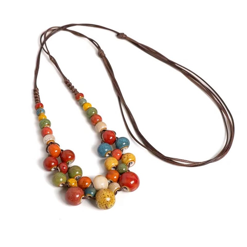 KURTCB Boho Hippie Ceramic Beaded Necklace for Women Statement Chunky Bohemian Fall Colorful Beads Strand Summer Necklace - Image 3
