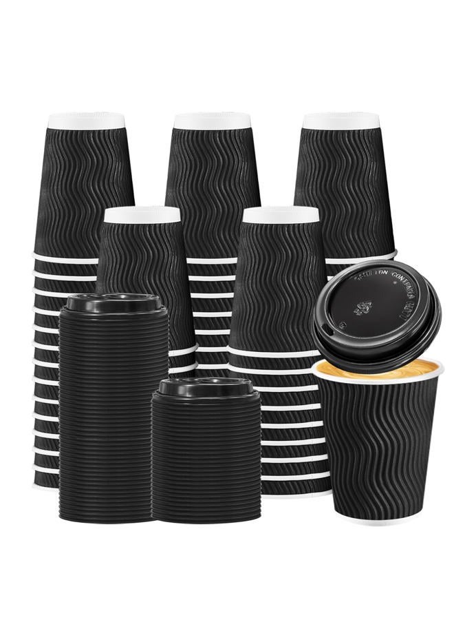 BYSNOW 12 oz Coffee Cups with Lids, 50 Pack Disposable Coffee Cups Insulated Ripple Paper Cups for Home, Office and Party (Black 12 oz) - Image 1