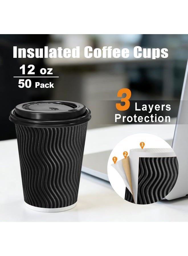 BYSNOW 12 oz Coffee Cups with Lids, 50 Pack Disposable Coffee Cups Insulated Ripple Paper Cups for Home, Office and Party (Black 12 oz) - Image 2