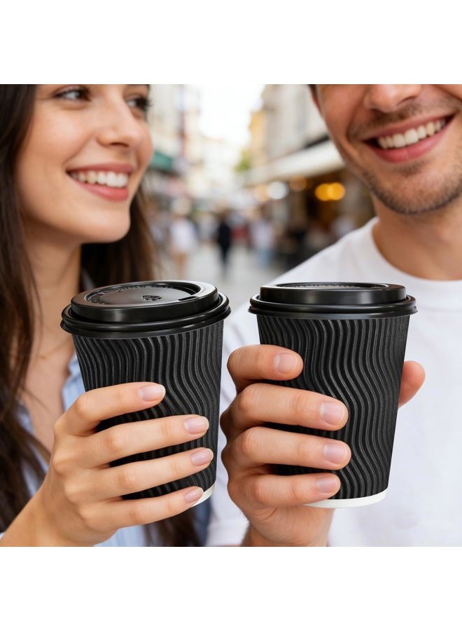 BYSNOW 12 oz Coffee Cups with Lids, 50 Pack Disposable Coffee Cups Insulated Ripple Paper Cups for Home, Office and Party (Black 12 oz) - Image 5