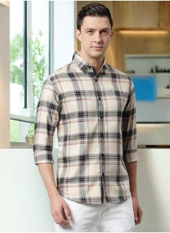 Slim Fit Cream Men's Checkered Shirt, Spread Collar, Full Sleeves, 100% Cotton,