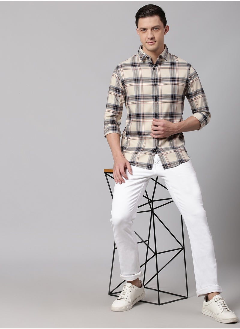 Dennis Lingo - Slim Fit Cream Men's Checkered Shirt, Spread Collar, Full Sleeves, 100% Cotton, - Image 1