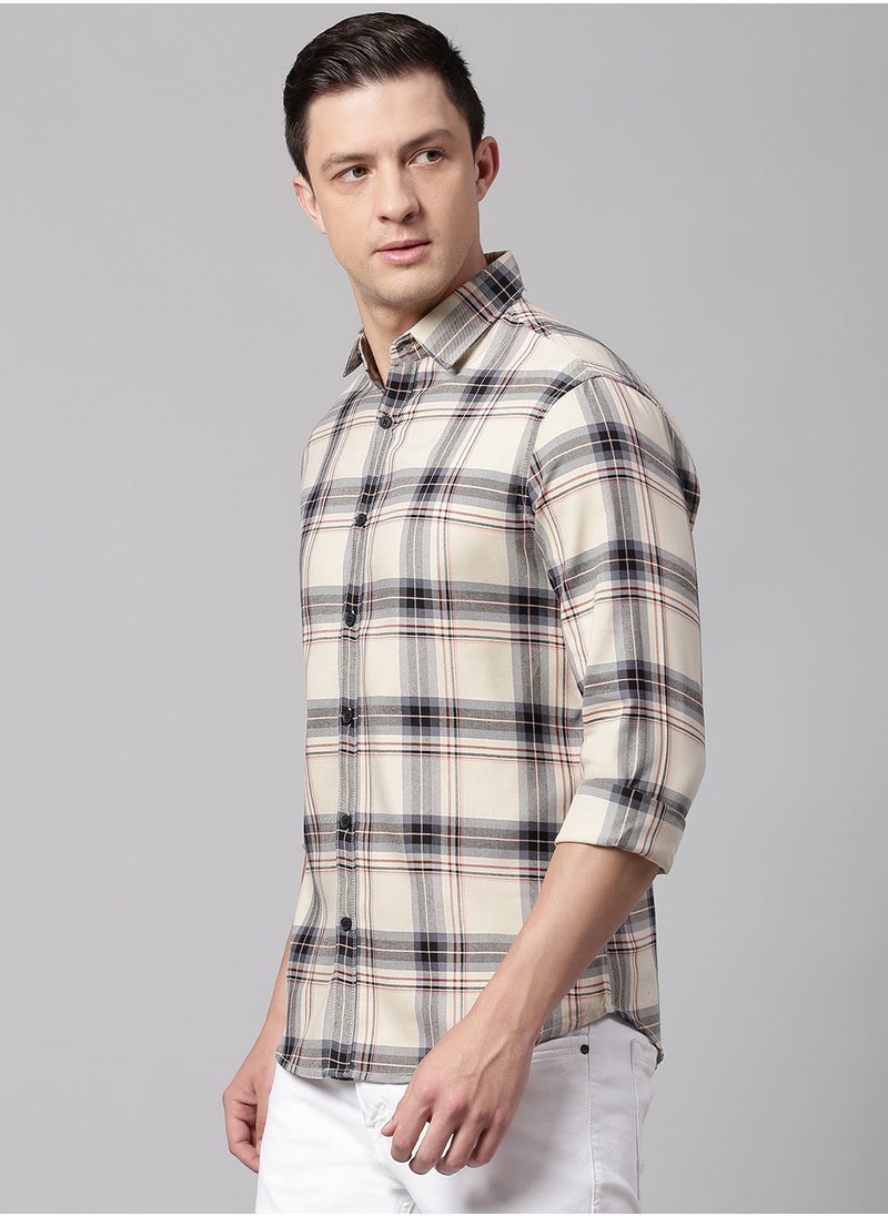 Dennis Lingo - Slim Fit Cream Men's Checkered Shirt, Spread Collar, Full Sleeves, 100% Cotton, - Image 1