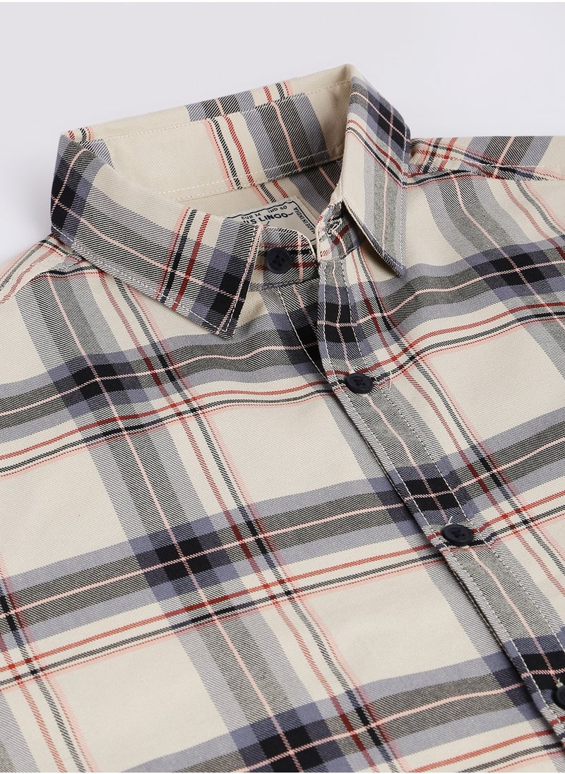 Dennis Lingo - Slim Fit Cream Men's Checkered Shirt, Spread Collar, Full Sleeves, 100% Cotton, - Image 1