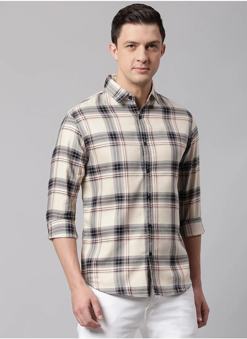 دينيس لينغو Slim Fit Cream Men's Checkered Shirt, Spread Collar, Full Sleeves, 100% Cotton