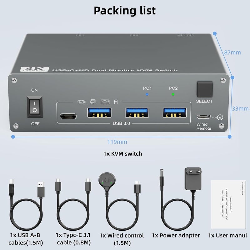 KVM Switch: Black, 8K@60Hz Resolution, Plug-and-Play, Dual-Monitor KVM Switch - 100W PD Fast Charging, USB-C & USB 3.0 Connectivity for Office, Live Streaming, Home Theatre, Education Use - Image 5