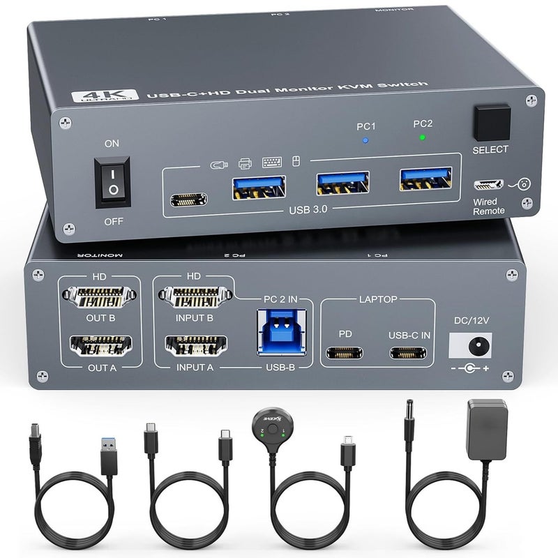 KVM Switch: Black, 8K@60Hz Resolution, Plug-and-Play, Dual-Monitor KVM Switch - 100W PD Fast Charging, USB-C & USB 3.0 Connectivity for Office, Live Streaming, Home Theatre, Education Use - Image 1