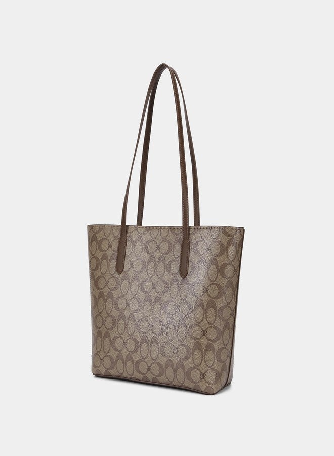 BAGCO Women’s Signature Tote Handbag with Matching Pouch & Crossbody - Large Capacity PU Leather Shoulder Bag for Office, Travel & Everyday Use - Designer Printed Pattern (Beige) - Image 3