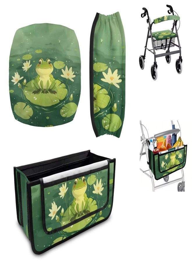Luarisgur Rollator Walker Seat and Backrest Covers and Walker Basket Set of 3, Frog Green Pattern Rollator Walker Accessories Ideal Gifts for Seniors in Assisted Living - Image 1