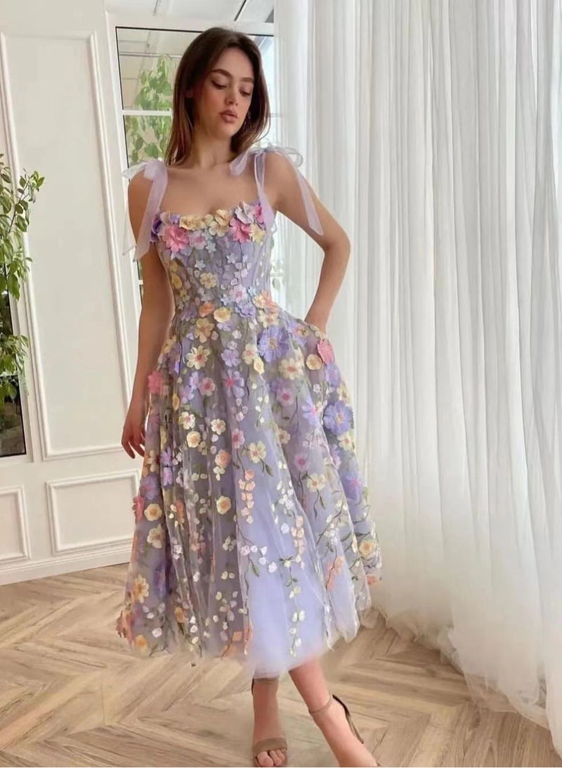 NIBEMINENT Fashion Three-dimensional Floral Embroidered Lace Halter Dress For Women - Image 1
