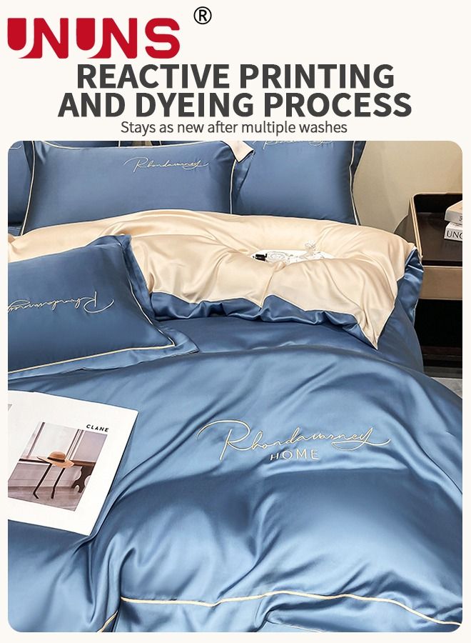 UNUNS طقم سرير حريري مغسول، طقم غطاء لحاف مسامي صديق للبشرة مكون من 4 قطع، ملاءات سرير فاخرة من الساتان بملمس الحرير، طقم سرير كامل، سرير 1.8 متر 200*230 سم - Image 5