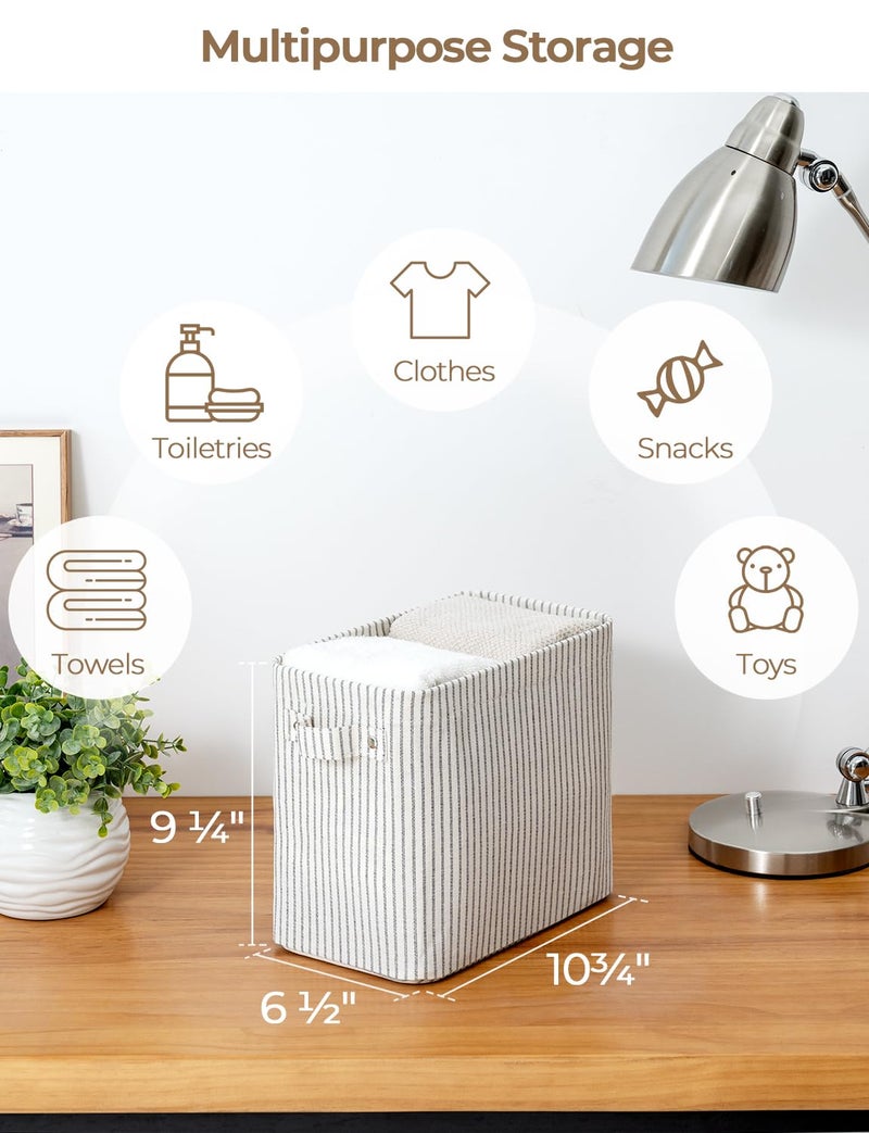 سورتيج وركس صناديق تخزين ضيقة تخزين سلال صغيرة للأرفف سلة تخزين ضيقة طويلة مع مقابض صناديق تخزين النسيج لخزانة المكتب المنزلي تخزين ورق التواليت الرمادي والأبيض خطوط 2. - Image 2