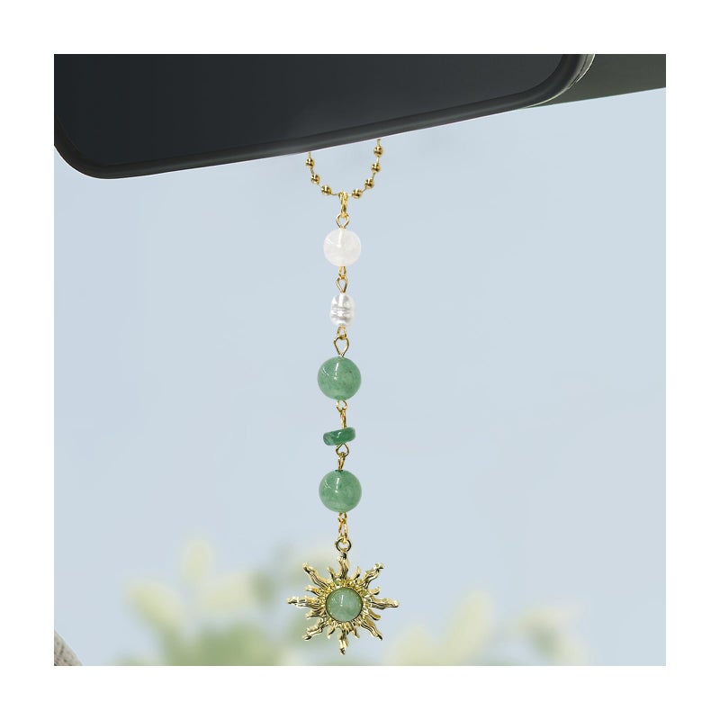 SHMZK Sun Hanging Car Charm Rear View Mirror Cute Boho Dangling Sun Car Decor Hanging Ornament Handmade Healing Natural Crystals Stones Sun Catcher Mirror Pendant for Women Men Light Green - Image 3