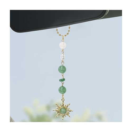 SHMZK Sun Hanging Car Charm Rear View Mirror Cute Boho Dangling Sun Car Decor Hanging Ornament Handmade Healing Natural Crystals Stones Sun Catcher Mirror Pendant for Women Men Light Green - Image 1
