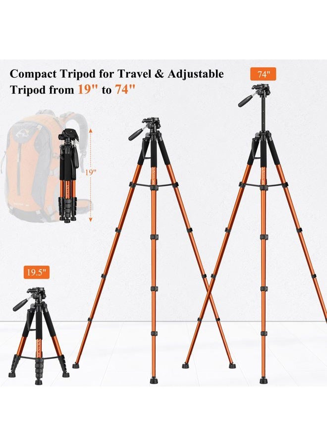 VICTIV Tripod 74” Camera Tripod for Cell Phone, Aluminum Professional Heavy Duty Camera Tripod Stand, Tripod for Camera DSLR SLR with Carry Bag, Compatible with Canon Nikon iPhone - Image 2
