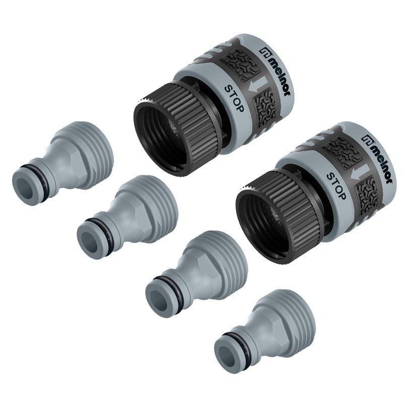 Melnor 65175AMZ 6 Piece Quick Connect Starter Set Connector Bundle, Product Adapter, Product End Connector, Black, Grey - Image 1
