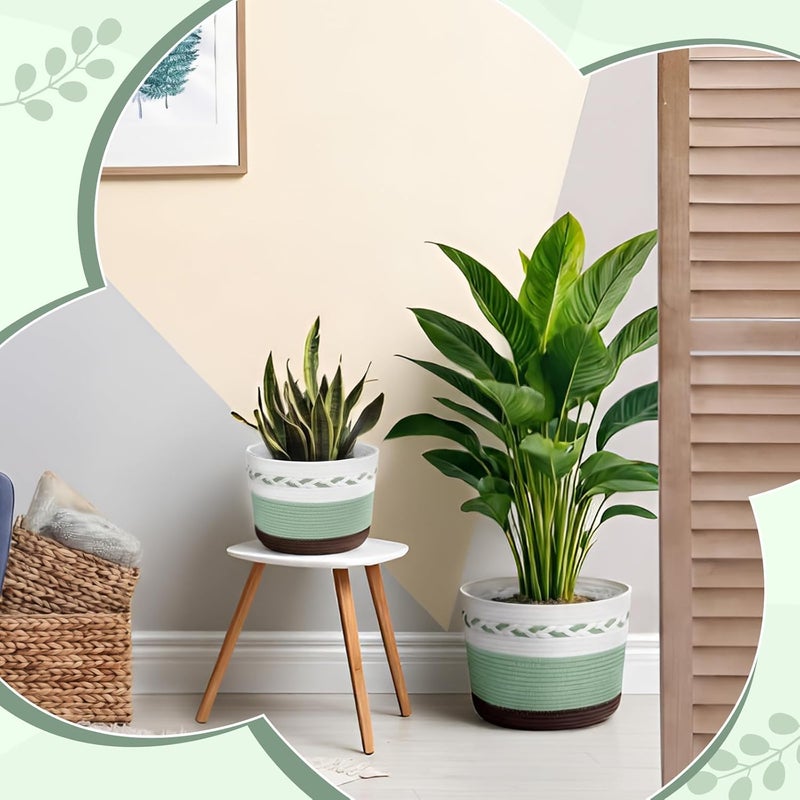 Remerry 3 Pcs 7" 9" 13" Cotton Rope Plant Baskets Indoor with Plastic Liner 3 Colorful Straw Woven Plant Basket Indoor Green Round Wicker Basket for Living Room Floor Potted Pots Decor - Image 5