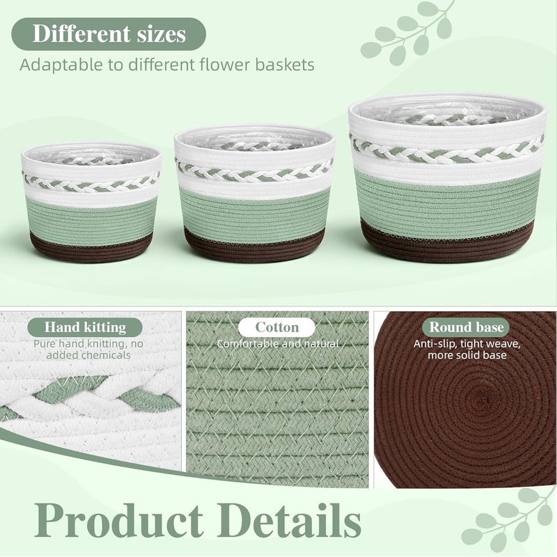 Remerry 3 Pcs 7" 9" 13" Cotton Rope Plant Baskets Indoor with Plastic Liner 3 Colorful Straw Woven Plant Basket Indoor Green Round Wicker Basket for Living Room Floor Potted Pots Decor - Image 4