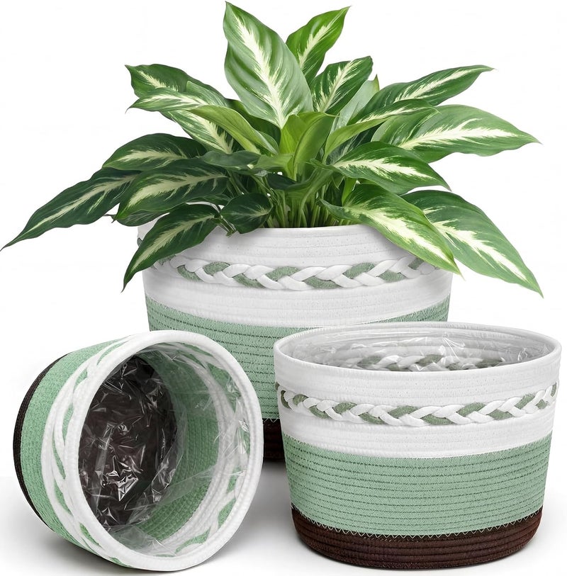 Remerry 3 Pcs 7" 9" 13" Cotton Rope Plant Baskets Indoor with Plastic Liner 3 Colorful Straw Woven Plant Basket Indoor Green Round Wicker Basket for Living Room Floor Potted Pots Decor - Image 1