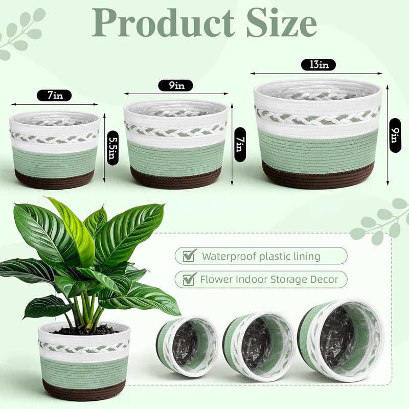 Remerry 3 Pcs 7" 9" 13" Cotton Rope Plant Baskets Indoor with Plastic Liner 3 Colorful Straw Woven Plant Basket Indoor Green Round Wicker Basket for Living Room Floor Potted Pots Decor - Image 2