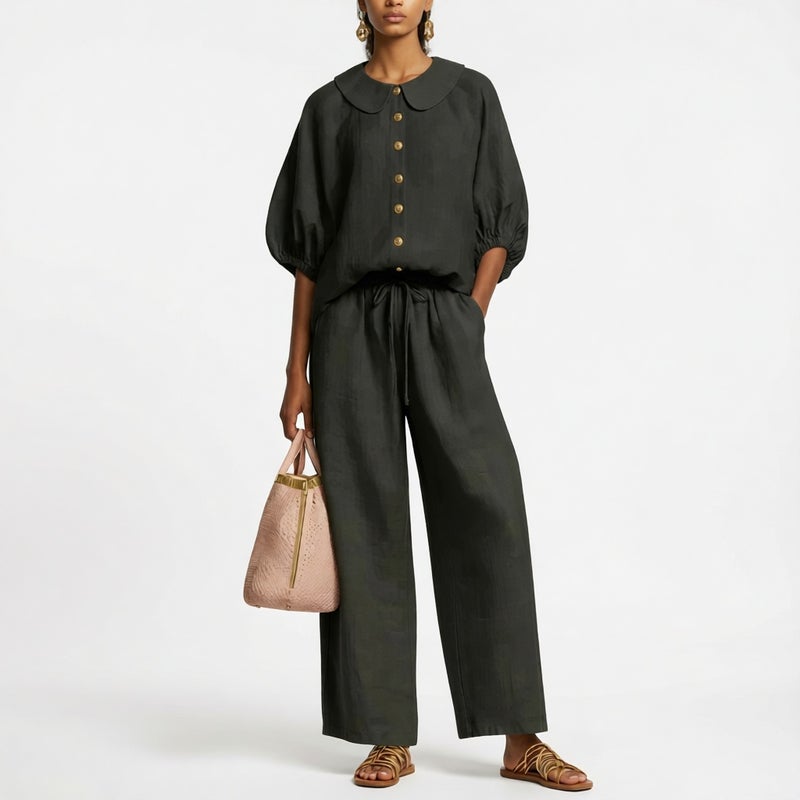 Women's Cotton Linen Lantern Sleeve Blouse High Waist Drawstring Trousers Set - Image 4